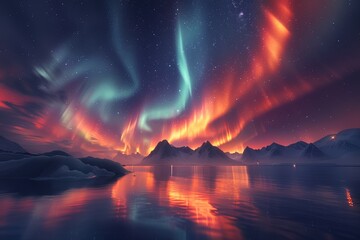 Vivid aurora borealis northern lights glow above majestic winter mountains, reflecting on calm lake water under starry night sky, serene celestial display.