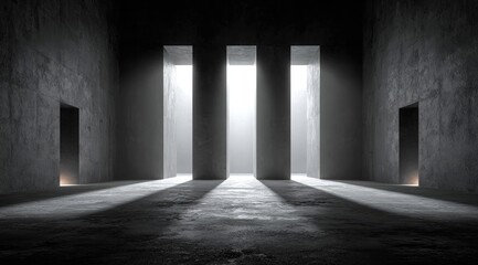 Fototapeta premium Dark, empty room with three light shafts illuminating a concrete floor