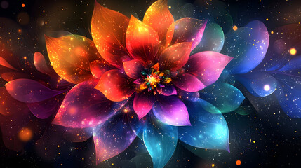 Gradient-filled abstract bloom with radiating petals in saturated rainbow tones, a vivid digital expression of color and motion in a floral-inspired composition

