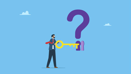 Businessman holding big key to unlock keyhole on question mark sign. Symbolizes key to unlock answers for problem and questions concept, solving problems, overcoming obstacles.