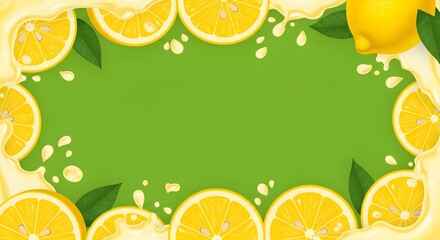 Fresh lemon slices and juice create a vibrant and zesty frame on a bright green background