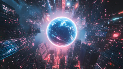 Futuristic cyberpunk skyline at night with glowing planet Earth overhead, neon-lit skyscrapers, and high-tech urban atmosphere, vibrant digital art with sci-fi city vibes