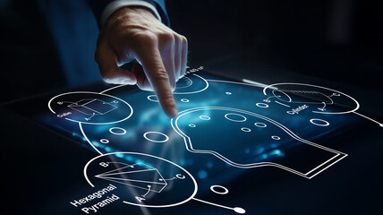 Person Interacting with Virtual Interface Displaying Geometric Shapes and Data Visualizations in a Futuristic Technology Setting