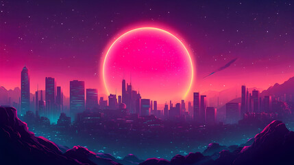 Digital surreal scenery with majestic ringed planet floating in vibrant sky full of clouds and dreamy atmosphere, mountains in the distance adding depth to this fantasy world

