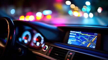 A car dashboard with a navigation system lit up at night, colorful city lights blurred through the windshield