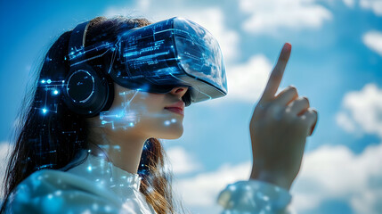 Young female using virtual reality headset outdoors under bright blue sky, interacting with glowing futuristic digital interface, symbolizing tech innovation and immersive experiences