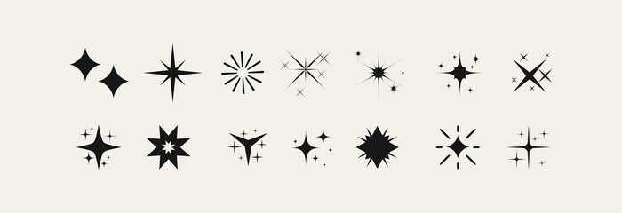 Set of blinking stars, sparks and sparkles. Shining twinkle sunburst shapes collection. Magic light flare pack for design template, poster, banner, brochure, leaflet. Vector ilustration