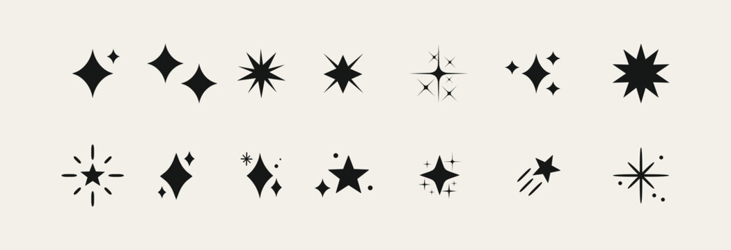 Set of blinking stars, sparks and sparkles. Shining twinkle sunburst shapes collection. Magic light flare pack for design template, poster, banner, brochure, leaflet. Vector ilustration