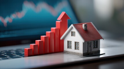 A small house model and rising red bar graph sit on a laptop keyboard, symbolizing real estate growth and increasing property values