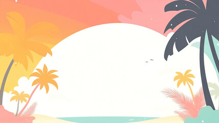 Pastel Tropical Beach Illustration with Palm Trees and Sunset Sky