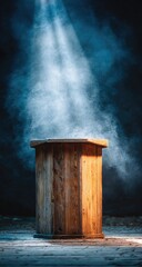Wooden octagonal pedestal, bathed in spotlight, smoky ambiance