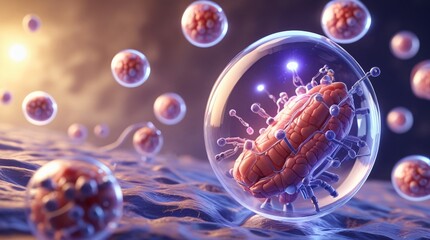 Obraz premium Medical nanobot repairing human cells. Futuristic nanotechnology for cellular health and gene therapy. Representation of biotechnology, biology, microbiology, science, medicine, and treatment.