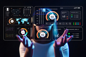 Futuristic User Interface with Interactive Smart Home Dashboard Displaying Data and Analytics, Hands Holding Virtual Control Panels, Modern Technology Concept