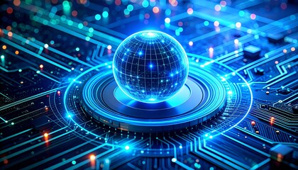 Glowing digital globe on a circuit board, symbolizing global technology and data.