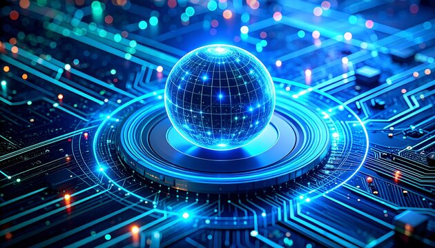 Glowing digital globe on a circuit board, symbolizing global technology and data.