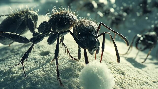 Close-up of an ant carrying a ball