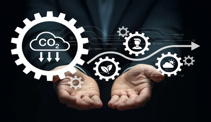 Hands Holding Gear Symbols Representing Carbon Emission Reduction, Green Technology, Eco-Friendly Innovation, and Sustainable Development Ideas