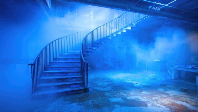 Spiral staircase in a misty, blue-lit basement