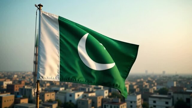Waving Pakistan Flag with Cheering Crowd and Fireworks in Night Sky - 4K Independence Day Animation