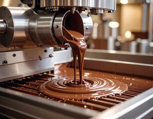 Melted chocolate pouring from a machine in a
chocolate factory