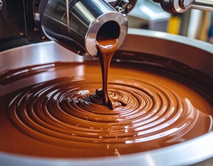 Melted chocolate pouring from a machine in a
chocolate factory