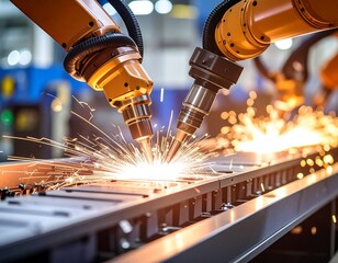 Robotic arms welding metal with sparks in a high-
tech factory.