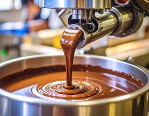 Melted chocolate pouring from a machine in a
chocolate factory