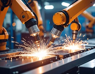 Robotic arms welding metal with sparks in a high
tech factory. 