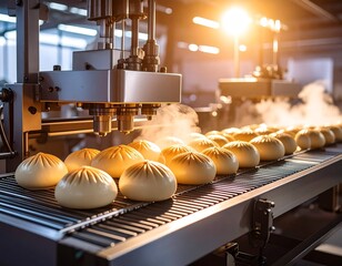 Steamed buns on an automated production line in a
food factory. 