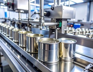 Tin cans moving on a conveyor belt in a food
manufacturing factory. 