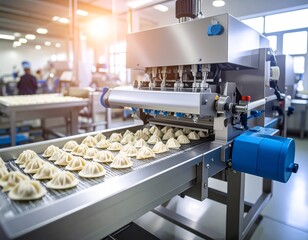 Food factory worker operating a production line with
automated machine making dumplings.