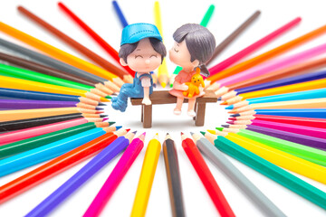 Miniature figures sitting on a bench surrounded by colorful pencils in a playful arrangement