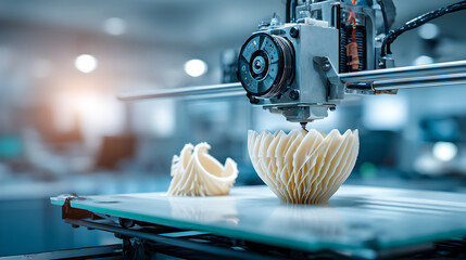 A 3D printer nozzle is creating an intricate, wavy, beige-colored bowl-shaped object.