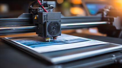 A close-up view of a 3D printer's nozzle printing a detailed image onto a flat report page.