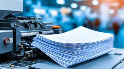 A 3D printer is assembling a large, neat stack of white paper with its black printhead.
