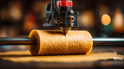 A close-up shot of a 3D printer head extruding a brown material to create a coiled, paper-like roll.