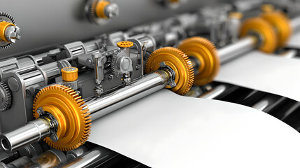 A close-up view of golden gears and rollers feeding a continuous sheet of blank white paper.