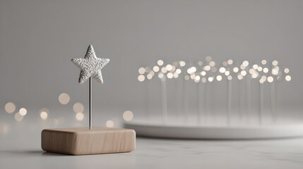 A white, glittery star decoration is displayed on a small wooden block with blurred lights in the background.