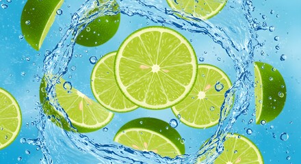 Refreshing lime slices in swirling water against vibrant blue background for summer drinks ads