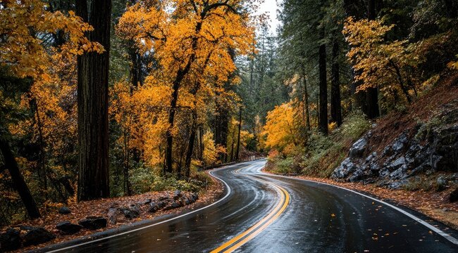 Winding road through autumnal forest, rain-slicked asphalt (1)