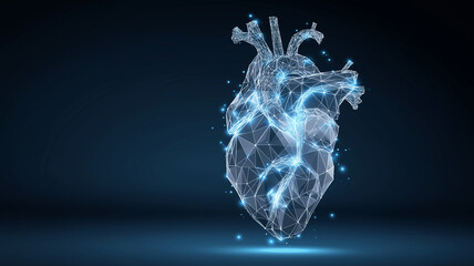 Futuristic glowing low polygonal anatomical heart is depicted with digital, wireframe design, emitting blue luminescent glow against dark background, symbolizing technology and innovation