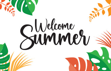 Welcome Summer lettering with tropical vector background