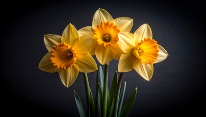 Naklejka premium Close-up of three daffodils against dark background