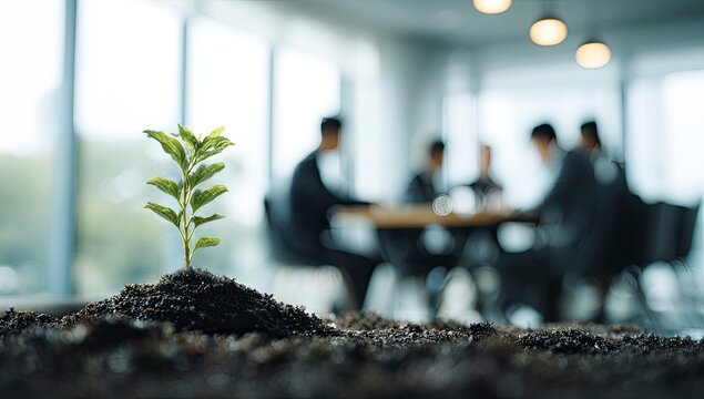 Office Growth Plant sprout in foreground, business meeting blurred background.  Use Corporate sustainability
