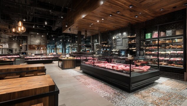 Modern butcher shop interior, meat display, city location, evening lighting, retail food sale