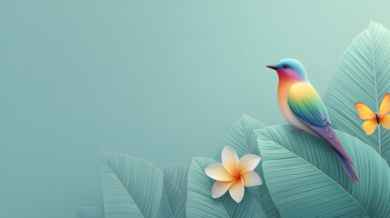 Tropical background illustration with plants and birds on a turquoise background. Illustration for summer and spring backgrounds.