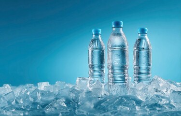Chilled water bottles on ice, blue background, refreshment