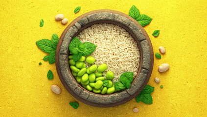 Wooden bowl of rice and beans, topped with fresh mint
