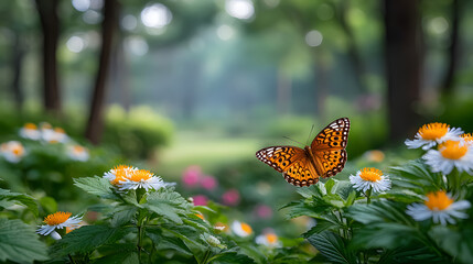 Illustration of a garden scene with colorful flowers and fluttering butterflies. Illustration for a spring background.