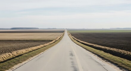 A long asphalt road stretching into the horizon lined by agricultural fields under a pale sky